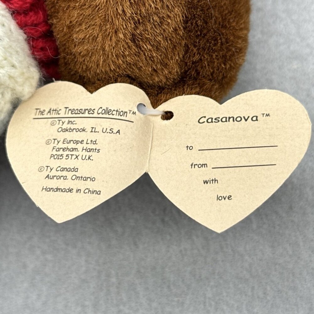 Casanova Brown Bear Attic Treasures Plushie White Sweater Heart TY 1993 Posable - Picture 5 of 8